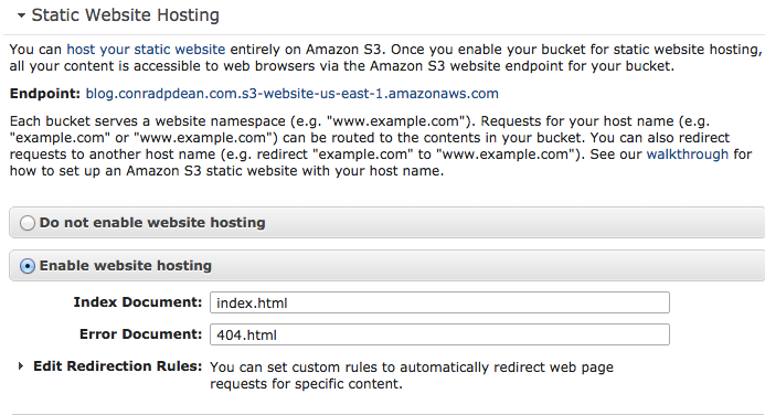 enable static hosting from the bucket